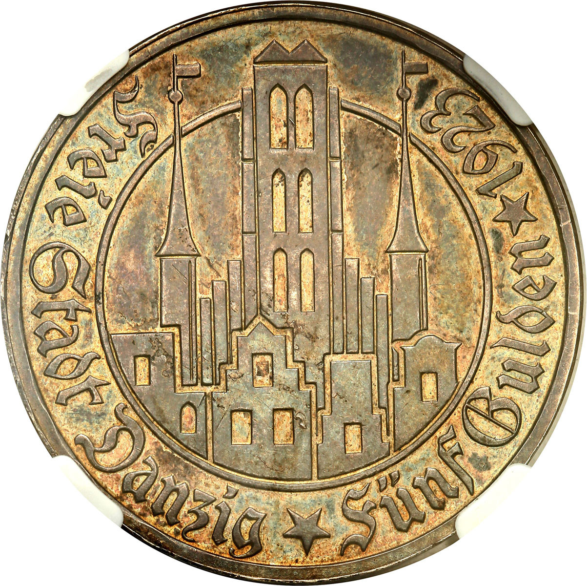 Wolne Miasto Gdańsk/Danzig. 5 Guldenów 1923 Kościół NMP stempel lustrzany NGC PF62